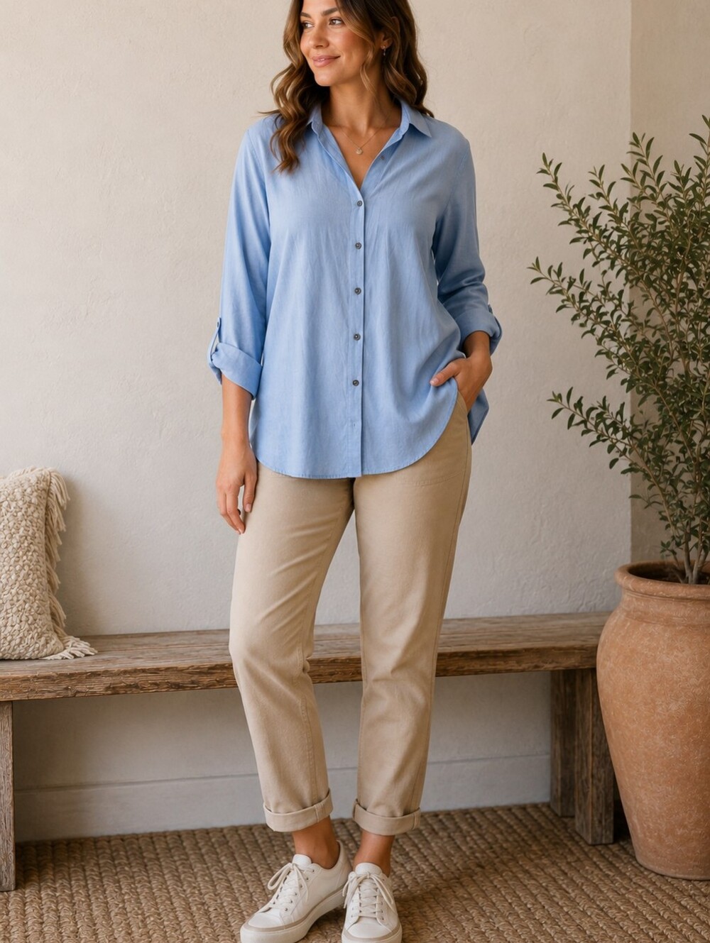J.Jill Chambray Blouse Large Blue Relaxed Minimalist Casual Clean Girl Coastal L